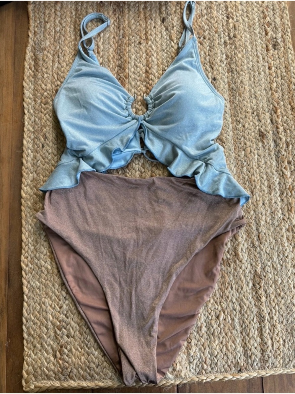 Altar'd State Two-Tone Ruffle One-Piece Swimsuit in Light Blue and Brown